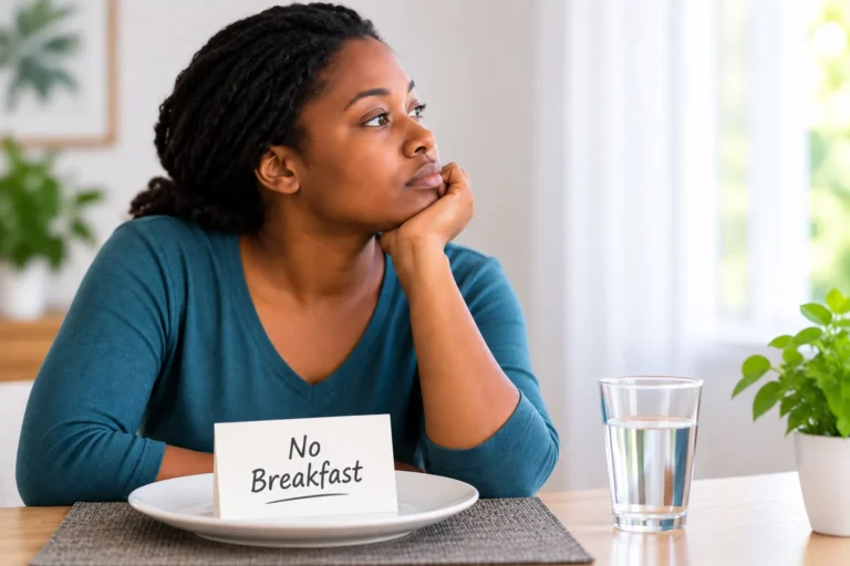 Woman skipping breakfast while sitting at a table with an empty plate labeled “No Breakfast”